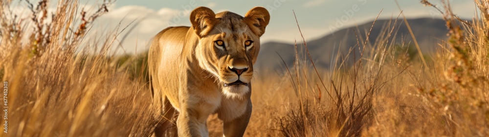 Fototapeta premium a lion walking through tall grass