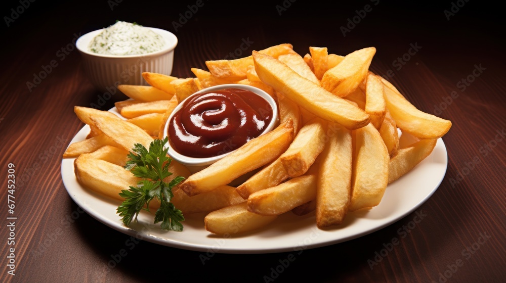 a plate of french fries with ketchup and sauce