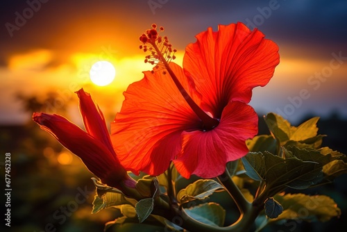a red flower with a yellow sun behind it