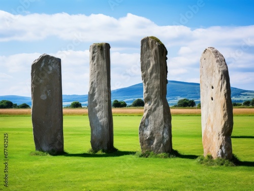 a group of stone pillars in a field