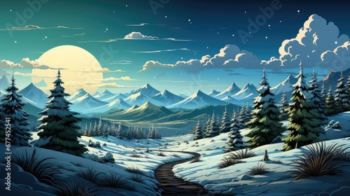 Illustration of a snowy coniferous forest overlooking the mountains. Winter greeting card 