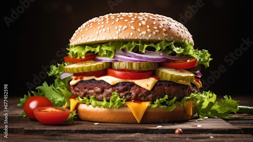 a cheeseburger with vegetables and lettuce