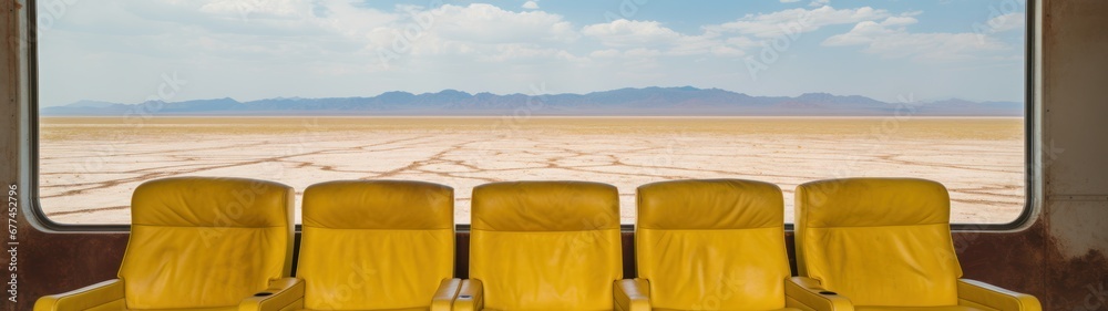 a yellow chairs in front of a desert landscape