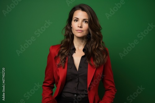 a woman in a red jacket