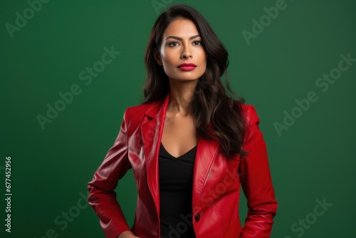 a woman in a red leather jacket