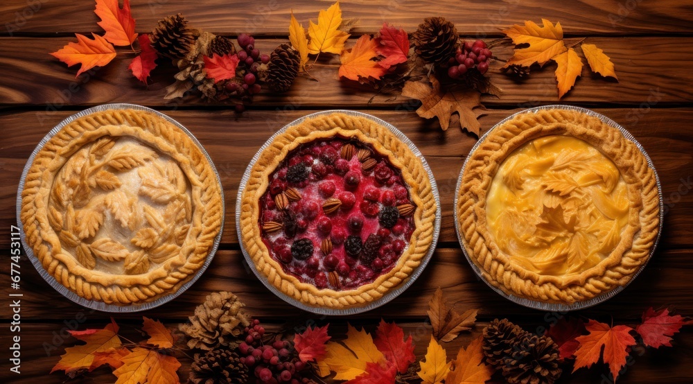 a group of pies on a table with leaves around them