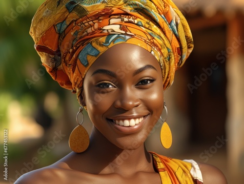 a woman wearing a head wrap and earrings