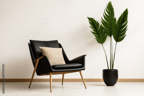a black chair with a pillow and a plant in a pot