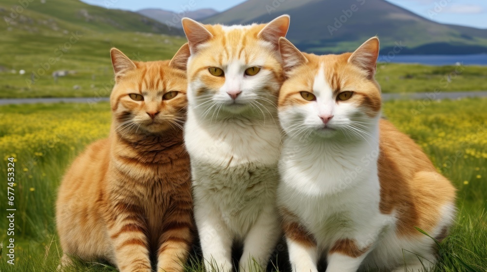 a group of cats sitting in grass