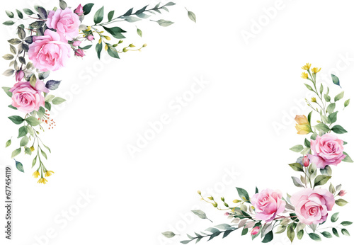 Vector watercolor flower border. Spring pink roses flower frame with leaves, yellow grass flowers. Cards, invitations, decorative border wreath. Wedding, mother's day, valentine's day,Women's Day