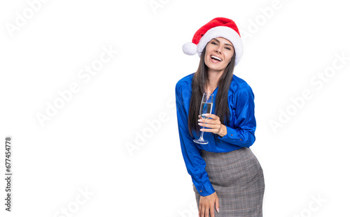 Business woman in Santa hat celebrating and cheering. Party fun. Businesswoman at holiday. Businesswoman drink champagne in corporate Christmas party. Celebrate New Year. Merry Christmas. Have fun