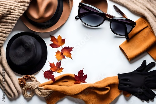 Hat with sunglasses with warm clothes and autums leaves photo