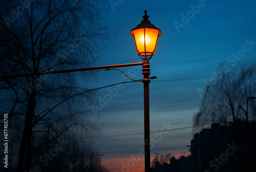 Street lamp sitting by the road under the sky of sunset photo