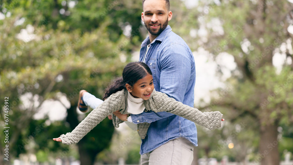 Fototapeta premium Outdoor, father and girl with love, airplane and weekend break in a park, happiness and bonding together. Family, dad and kid outside, game and forest with fresh air, cheerful and smile with freedom