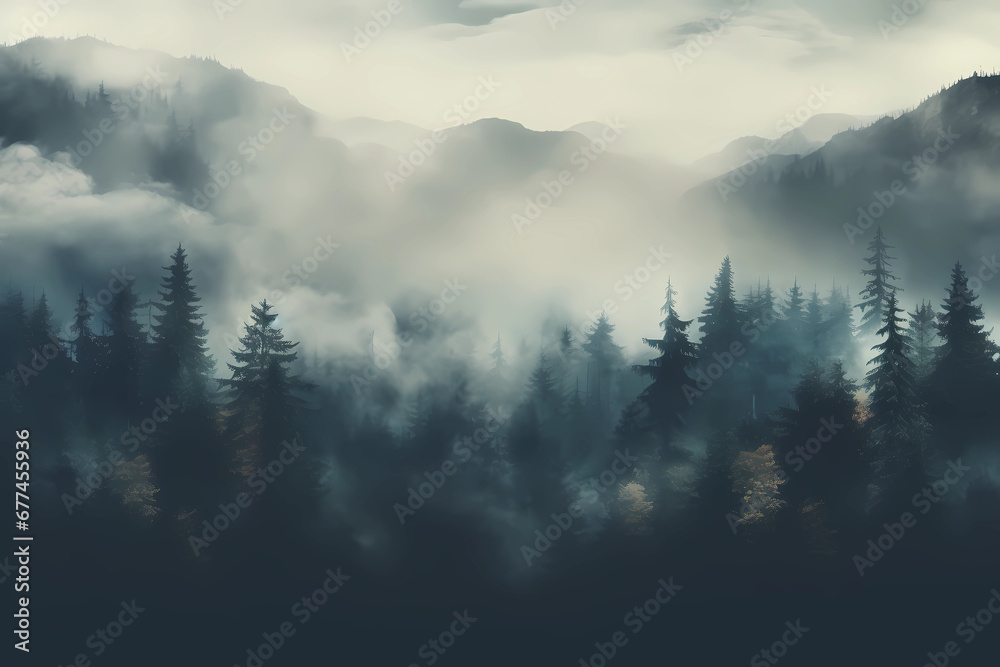 Fototapeta premium Misty Forest Layers in Ethereal Blues and Greens Background