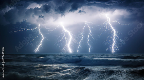 lightning in the sea, Thunder storm with lightening rages over broken water of sea or ocean natural disaster apocalyptic background. Dramatic lightening, thunder bolt in night sky over sea photo