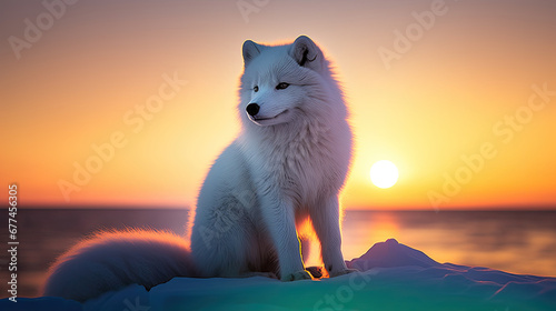 wolf in winter  Arctic Fox sitting in arctic sunset