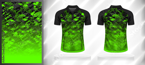 Vector sport pattern design template for Polo T-shirt front and back with short sleeve view mockup. Shades of green-grey-black color gradient abstract geometric texture background illustration.