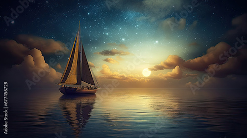 sailing ship at sunset  Lone sailing yacht under starry night sky