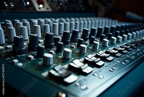A closeup of the mixing boards with controls on them, in the style of dark aquamarine