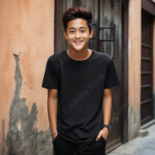 Asian boy wearing empty blank tshirt for mockup © Leli