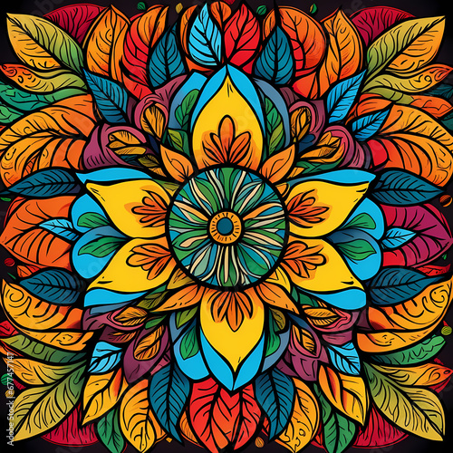 Abstract colorful leaves arranged in a circular mandala pattern.