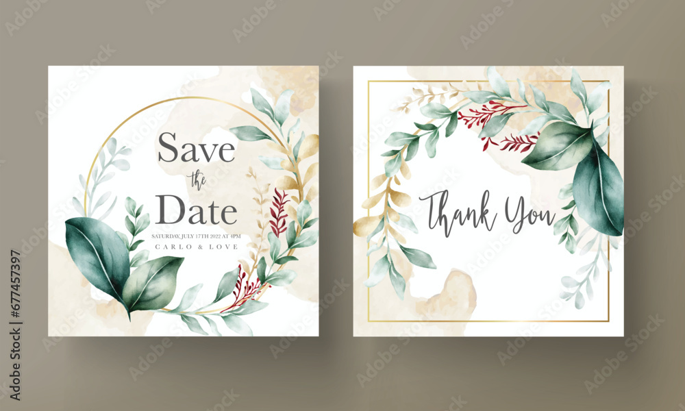 Floral engagement invitation template with leaves watercolor