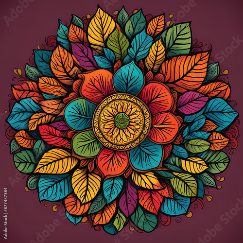 Colorful leaves arranged in a circular mandala pattern. 