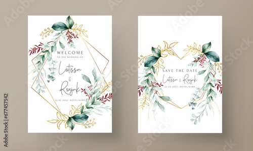 Floral engagement invitation template with leaves watercolor