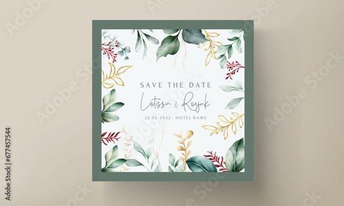 Floral engagement invitation template with leaves watercolor