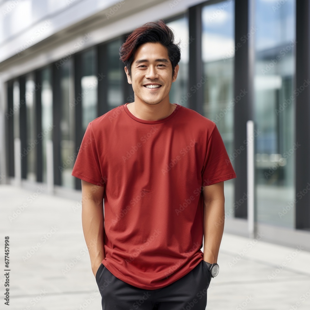 attractive asian man wearing blank t-shirt for graphic design mockup