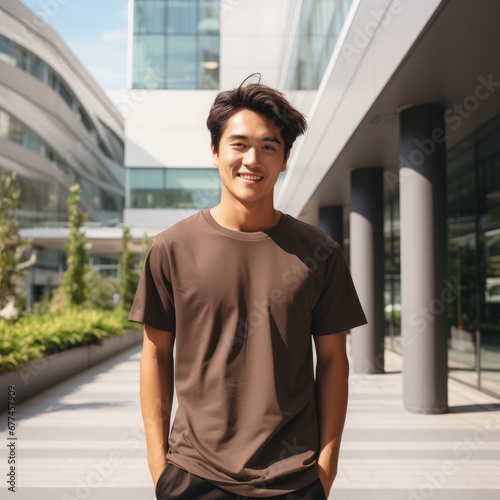 attractive asian man wearing blank t-shirt for graphic design mockup