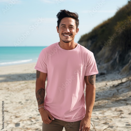 attractive asian man wearing blank t-shirt for graphic design mockup