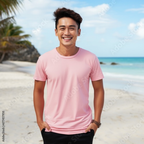 attractive asian man wearing blank t-shirt for graphic design mockup © Leli