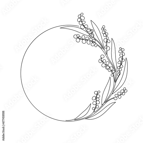 Continuous line drawing circle frame with blooming mimosa branch. One line drawing golden wattle wreath isolated on white background.