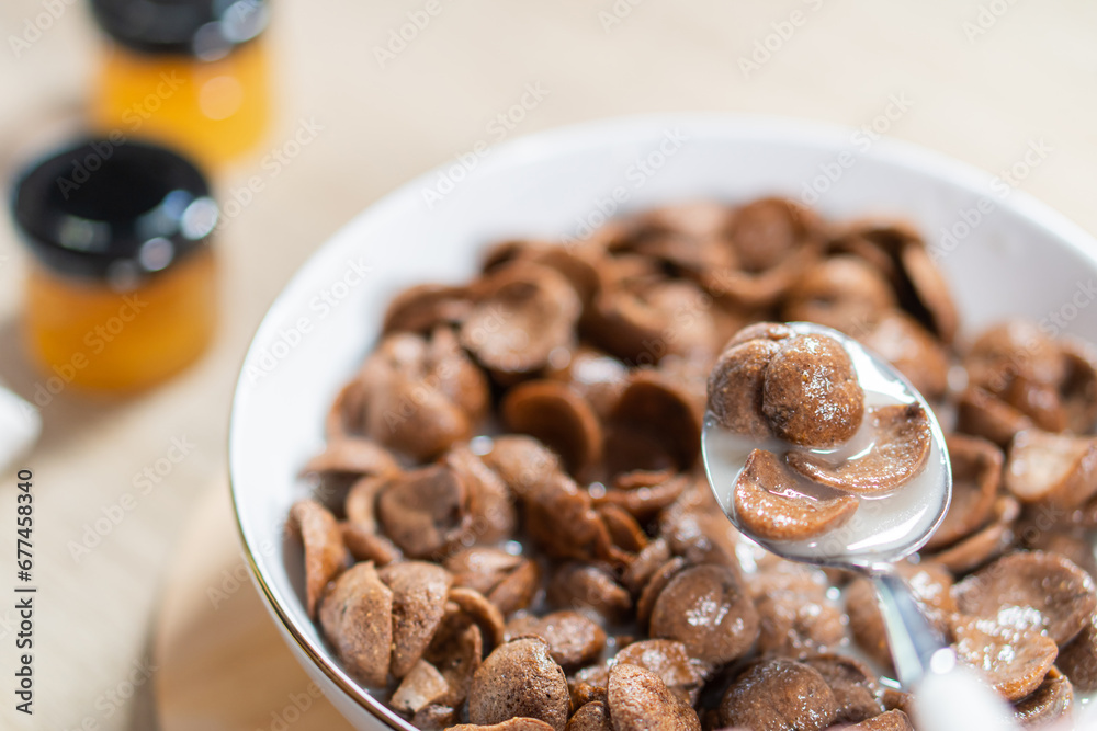 Sweet chocolate breakfast cereal flakes. Sweet chocolate breakfast cereal flakes.