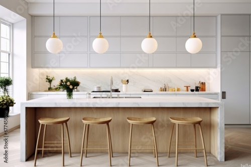White scandinavian interior design of kitchen with marble island and wooden stools. Generative AI photo