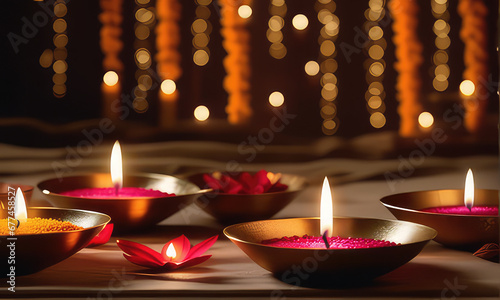 Ai Generated, vibrant Diwali celebration, capturing the lighting traditional oil lamps (Diyas). Symbolize the essence of togetherness, and winning over the darkness photo
