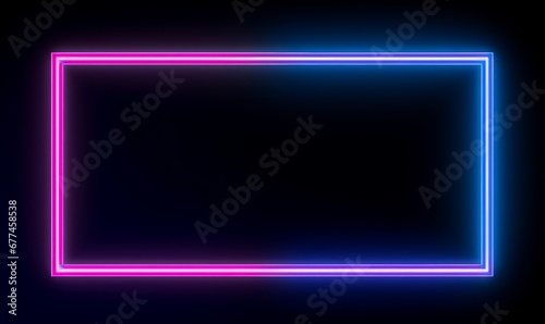 Parallelogram rectangle picture frame with two tone neon color shade motion graphic on isolated black background. Blue and pink light for overlay element. 3D illustration rendering, Generative AI