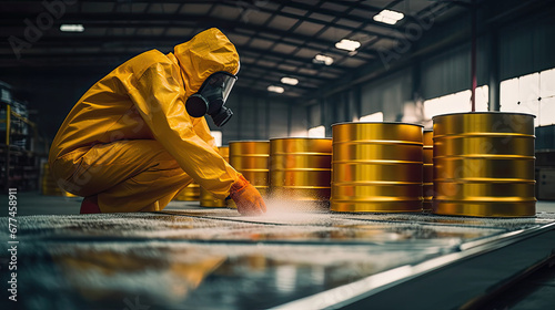 Providing acids and chemicals for galvanizing in metal factory. Workers in yellow protective suit and gas masks holding plastic canisters with aggressive materials. photo