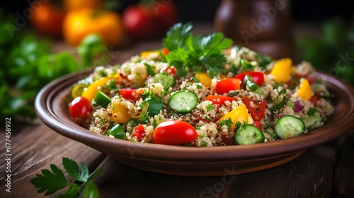 Fresh healthy salad with quinoa, colorful tomatoes, sweet pepper, cucumber and parsley on wooden background close up. Food and health. Superfood meal.