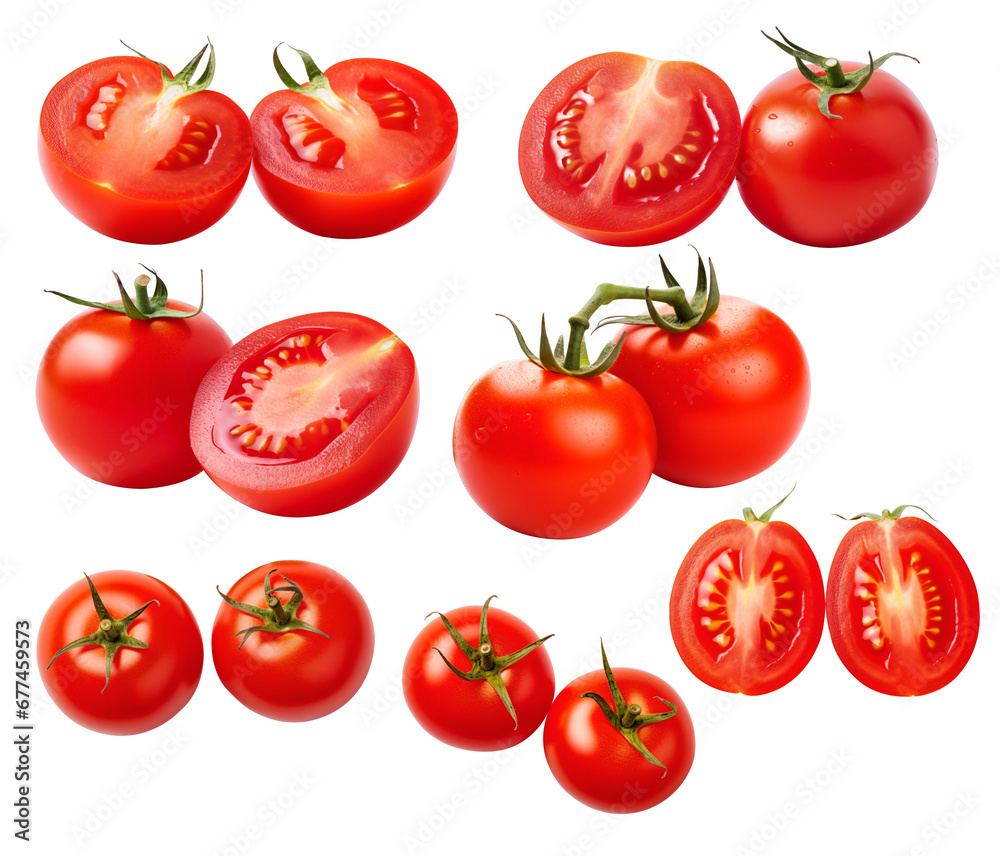 A cherry tomato cut in half on a transparent background - Generative AI A cherry tomato cut in half on a transparent background - Generative AI