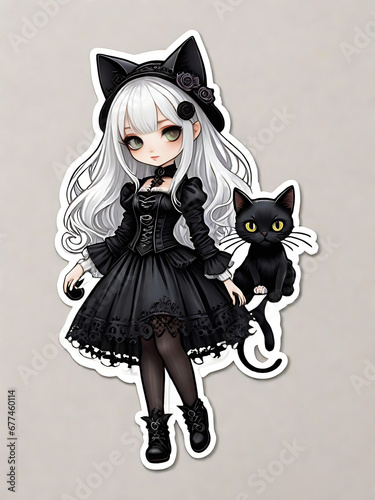 Cute white hair girl plays with black cat, gothic steampunk halloween sticker