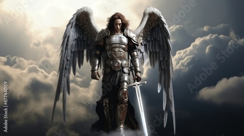 Archangel Michael with wings in knight armor with sword rises in sky. Saint Michael Archangel with long hair protects calm and good from evil impure forces by standing in battle readiness in sky photo