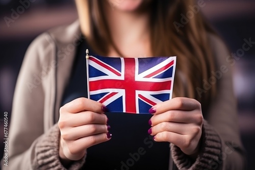 young woman holding a British flag