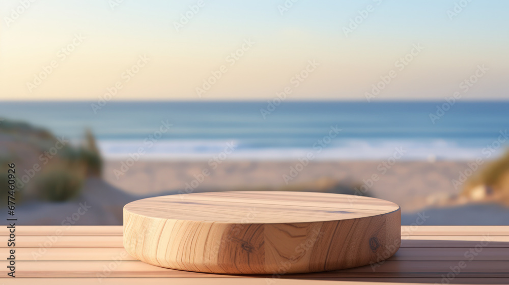 Wooden podium on tropical beach background. Product presentation and summer concept. Wooden podium on tropical beach background. Product presentation and summer concept.