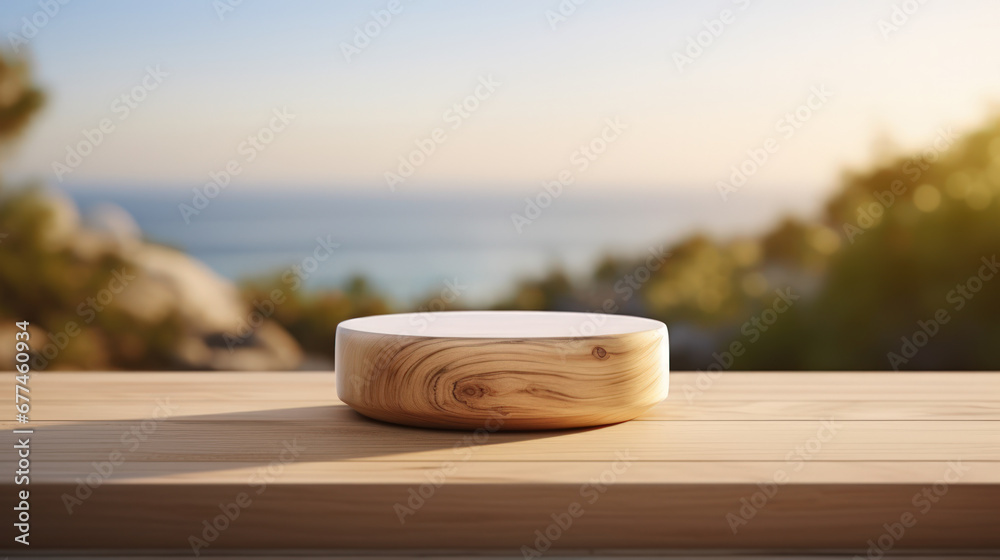 Wooden podium on tropical beach background. Product presentation and summer concept. Wooden podium on tropical beach background. Product presentation and summer concept.