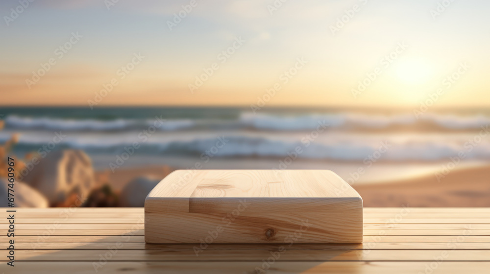 Wooden podium on tropical beach background. Product presentation and summer concept.