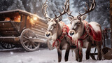 Christmas Reindeer with their sleigh on a snowy night