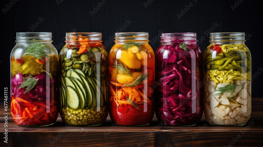 Preserves vegetables in glass jars in an old box. On the black chalkboard. Preserves vegetables in glass jars in an old box. On the black chalkboard.